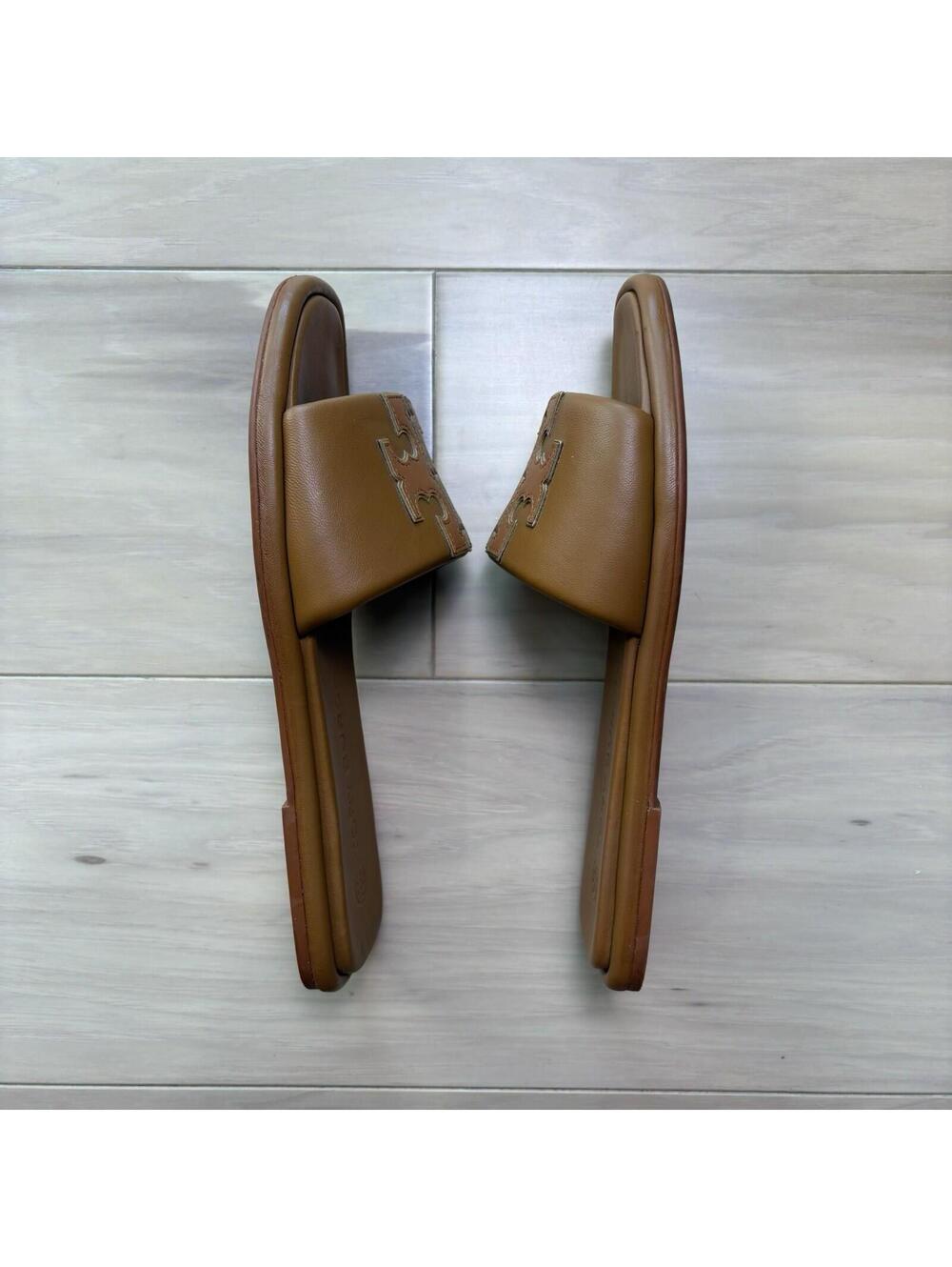 Tory Burch Ines Slide Sandals Brown Leather Double T Logo Women’s Size 9.5 M - Picture 3 of 7
